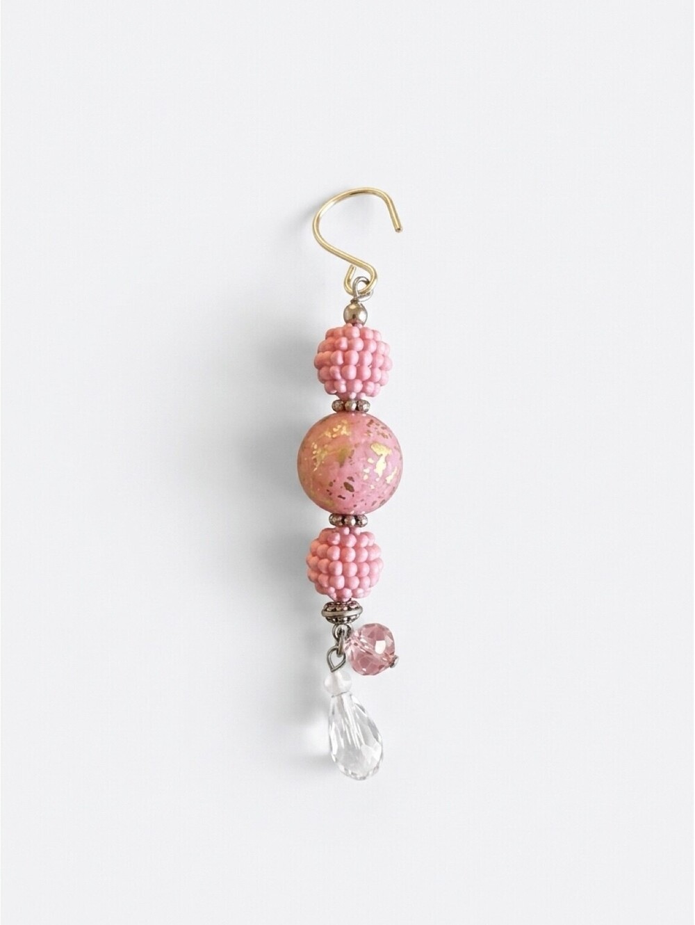 Pink Beaded Hanging Ornament Suncatcher Gold Fleck Crystal Prisms 4" Decor